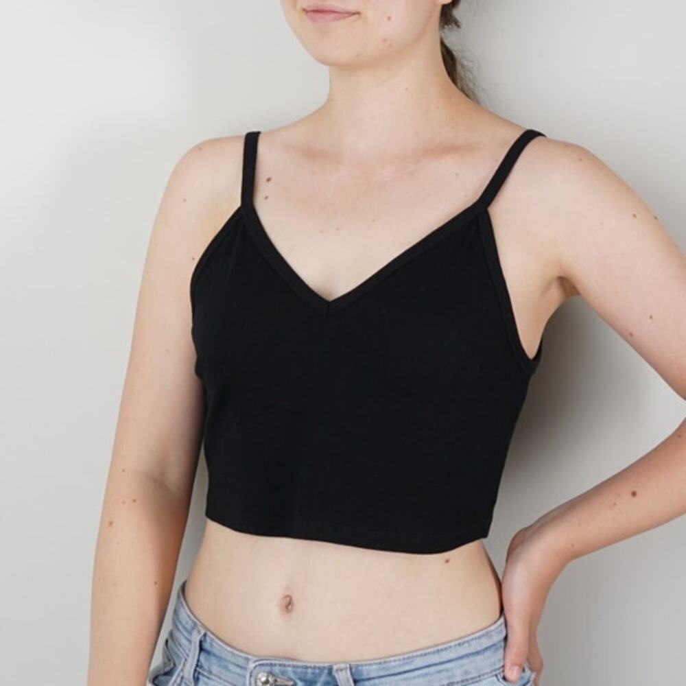 Zara Ribbed Black Crop Top Spaghetti Strap Cami Solid Cropped V-Neck Summer EUC